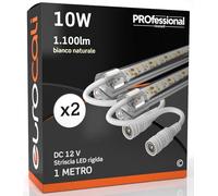 Eurocali Striscia LED 1 metro Rigida con profilo in alluminio copertura trasparente 10W 12V 1100 lumen Luce Naturale 4000K - Plug & Play - Pacco da 2
