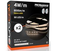Eurocali Striscia LED 5 metri Professionale 24V 20W 4 W/mt - KIT con 2 Strisce Monocolore da 450 LED 90 LED/mt e 4000 Lumen 800 Lm/mt 200 lm/W - Bianco Caldo 3000K (Pacco 2 Bobine da 5mt)