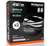 Eurocali Striscia LED 5 metri Professionale 24V 20W 4 W/mt - KIT con 2 Strisce Monocolore da 450 LED 90 LED/mt e 4000 Lumen 800 Lm/mt 200 lm/W - Bianco Freddo 6500K (Pacco 2 Bobine da 5mt)
