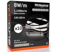 Eurocali Striscia LED 5 metri Professionale 24V 40W 8 W/mt - KIT con 10 Strisce Monocolore da 630 LED 126 LED/mt e 5500 Lumen 1100 Lm/mt 137 Lm/W - Luce Bianco Naturale 4000K (Pacco 10 Bobine da 5mt)