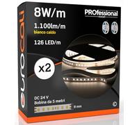 Eurocali Striscia LED 5 metri Professionale 24V 40W 8 W/mt - KIT con 2 Strisce Monocolore da 630 LED 126 LED/mt e 5500 Lumen 1100 Lm/mt 137 Lm/W - Luce Bianco Caldo 3000K (Pacco 2 Bobine da 5mt)