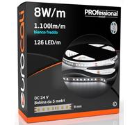 Eurocali Striscia LED 5 metri Professionale 24V 40W 8 W/mt - Striscia Monocolore da 630 LED 126 LED/mt e 5500 Lumen 1100 Lm/mt 137 Lm/W - Bianco Freddo 6500K