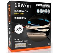 Eurocali Striscia LED 5 metri Professionale 24V 90W 18 W/mt - KIT con 5 Strisce Monocolore da 1190 LED 238 LED/mt e 12150 Lumen 2430 Lm/mt 135 lm/W - Luce Bianco Caldo 3000K (Pacco 5 Bobine da 5mt)