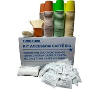 EUROCHIBI Kit Accessori caffè BIO con 150 BUSTINE di Zucchero + 150 Bicchierini di Carta + 150 PALETTINE in Legno Linea BIODEGRADABILE COMPOSTABILE RICICLABILE