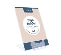 Europel - Porta cartello con scomparto per biglietti da visita, standard L, A4, acrilico trasparente, verticale e inclinato, 350128