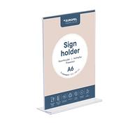 EUROPEL Porta Menu A6 da Tavolo in Acrilico Trasparente. Supporto a T Formato A6 Verticale. Espositore per Menu, Cartelli e Informazioni. Base Argento. Modello 350055