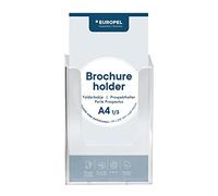 Europel Supporto da parete per brochure, formato 1/3 di formato A4, supporto e dispenser, in acrilico trasparente, espositore per opuscoli, volantini e menu e dispenser per ufficio, ristoranti e