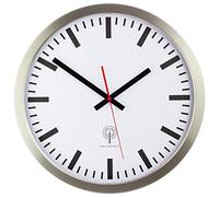 Eurotime 56862-07 - Orologio da parete radiocomandato, 40 cm, cassa in acciaio inox argento, vetro vero, quadrante della stazione, cambio automatico dell'ora, orologio da parete per soggiorno o