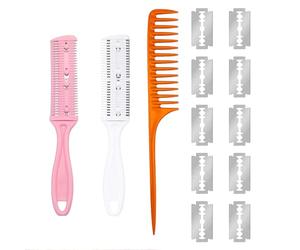 EUYKQNOI Pettine Tagliacapelli a pettine per sfollamento,pettine per diradamento dei capelli,rasoio a doppio lato con 10 lame di ricambio per capelli,adulti e bambini,taglia doppie punte capelli,2 PCS