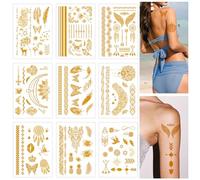 EUZUXU 9 Fogli Tatuaggio Oro, Tatuaggio Temporaneo Metallico, Flash Oro Temporaneo Tatuaggi Metallici per Donne Adulte, Adatto Per Festival, Set per Tatuaggi Temporanei Adatto Alle Feste-A
