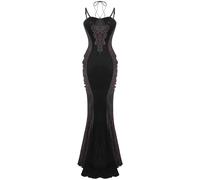 Eva Lady Donna Lungo Scuro Devore Gotico Velluto Pizzo Sirena Abito Rosso e Nero