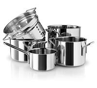 Eva Trio | Set di pentole in acciaio inox 5 pezzi 1,1 l 2,2 l 3,6 l 4,8 l e inserto per pasta | Set completo di pentole con inserto per pasta associato, per soddisfare ogni esigenza durante la cottura
