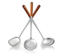Evanda Set di Spatole per Wok 43 cm, Manico in Legno Resistente al Calore Strumenti per Wok in Acciaio Inossidabile, Spatola in Metallo, Mestolo, Schiumarola da Cucina, Set di Utensili Professionali