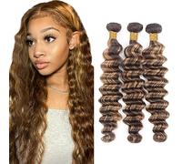 Evaxilc Deep Wave Bundles Extension Echthaar perücke Human Hair Glueless Bundles Brazilian Virgin Hair 100% Unprocessed P427 Highlight Brown Color 3 Bundles Total 300g For Women 30 32 34 Inch