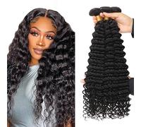 Evaxilc Deep Wave Human Hair Bundles Capelli Umani Unprocessed #1B Natural Black Color Brazilian Virgin Hair Weave 3 Bundles Total 300g For Women 20 22 24 Inch