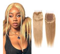 Evaxilc Straight Pre Plucked Glueless Lace Front Closure Brazilian Remy Capelli Umani Extensions #27 Honey Blonde No Tangles No Smell 4x4 HD Transparent 150% Density Top Lace Closure Hair 26 Inch