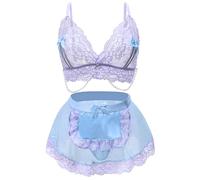EVELIFE - Set di biancheria intima sexy da donna, con pizzo floreale, costume da uniforme, fiocco carino, vestito in pizzo, collana di perle, babydoll da notte, romantico, Viola, L