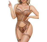 EVELIFE Set di lingerie da donna, body sexy in pizzo, 3 pezzi, body con ferretto e perizoma, reggicalze, calze a rete, taglie S-XXL, Bronzo, M