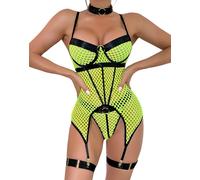 EVELIFE Set di lingerie da donna sexy gotico body con giarrettiera per coscia e choker biancheria intima babydoll senza calze, Verde, S