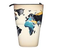 Evengigy Astuccio carino con stampa astratta con mappamondo con cerniera e supporto regolabile porta matite divertente borsa per il trucco