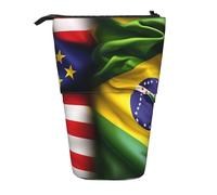 Evengigy Astuccio carino con stampa di bandiere americane e brasiliane con cerniera supporto regolabile portapenne divertente borsa per il trucco