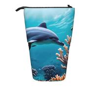 Evengigy Bellissimo astuccio con stampa di delfini sottomarini con stampa di corallo, con cerniera e supporto regolabile, divertente borsa per il trucco