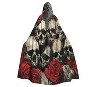 Evengigy Mantello con cappuccio con stampa teschio e rosa rossa, unisex, per Halloween, cosplay, uniforme