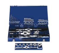 Eventus by Exact 10722 - Set di 44 filettature metriche HSS M3-M12, con filettatura a mano, filiera e supporto, per verricello, trapano a nucleo, portautensili