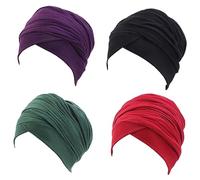 Ever Fairy Sciarpa a turbante per la testa, da donna africana, morbida, lunga, scialle, capelli bohémien, fascia elastica, Set 4-nero+viola+vento rosso+verde scuro, Taglia Unica