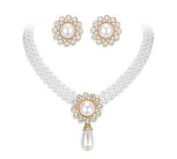 EVER FAITH Gatsby anni '20, set di gioielli in stile vintage Art Déco con perle e orecchini a forma di fiocco, collana e orecchini, Medio, cristallo Perla sintetica, Nessuna pietra preziosa
