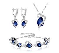 EVER FAITH Goccia Zirconia cubica Party Jewelry Set, Birthstone Love Cuore Pendant Necklace Earrings Tennis Bracciale Blu Argento Fondo