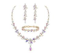 EVER FAITH Set di Gioielli da Damigella in Cristallo Austriaco, Elegante Collana con Foglie di Strass Marquise, Orecchini Pendenti e Bracciale Tennis Iridescente AB Oro Fondo