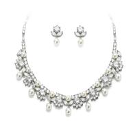 EVER FAITH Set di gioielli da sposa con splendida zirconia cubica in finta perla bianca elegante fiore sposa prom choker collana orecchini da donna, Zirconia cubica Perla simulata, Zirconia cubica