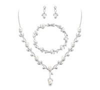 EVER FAITH Set di gioielli da sposa per damigella d'onore Teardrop Cubic Zirconia foglia di vite sposa prom collana pendenti orecchini bracciale da donna, Perla Zirconia cubica perla