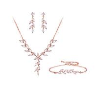 EVER FAITH Wedding Zirconia cubica Set di gioielli per la sposa damigella d'onore, Sparkly Marquise Leaf Collana penzolante Orecchini Bracciale per donna Trasparente Rose Oro fondo