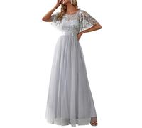 Ever-Pretty Abiti da Cerimonia Stile Impero Maniche Corte Linea ad A Elegante Scollo a Rotondo Donna Tulle 00904 Grigio 50
