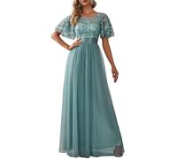 Ever-Pretty Abiti da Cerimonia Stile Impero Maniche Corte Linea ad A Elegante Scollo a Rotondo Donna Tulle Blu Polveroso 52
