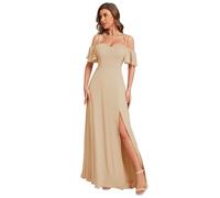 Ever-Pretty Abiti da Damigella d'Onore Lunghi in Chiffon con dalla Spalla in Stile Impero a Maniche Corte da Donna con Spacco Laterale Champagne 46