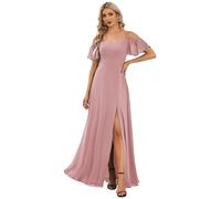 Ever-Pretty Abiti da Damigella d'Onore Lunghi in Chiffon con dalla Spalla in Stile Impero a Maniche Corte da Donna con Spacco Laterale Dusty Rose 48