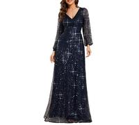 Ever-Pretty Abiti da Sera Donna Elegante Manica Lunga Slim Vita Alta Brillantini Tulle Vestito da Cerimonia Maxi Lungo Abita da Cocktail Blu Navy 46