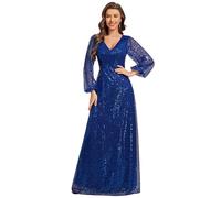 Ever-Pretty Abiti da Sera Donna Elegante Manica Lunga Slim Vita Alta Brillantini Tulle Vestito da Cerimonia Maxi Lungo Abita da Cocktail Blu Zaffiro 38