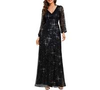 Ever-Pretty Abiti da Sera Donna Elegante Manica Lunga Slim Vita Alta Brillantini Tulle Vestito da Cerimonia Maxi Lungo Abita da Cocktail Nero 58
