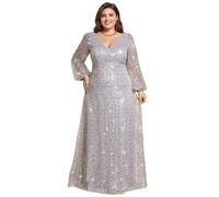 Ever-Pretty Abiti da Sera Donna Elegante Manica Lunga Slim Vita Alta Brillantini Tulle Vestito da Cerimonia Maxi Lungo Abita da Cocktail Argento 36