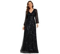 Ever-Pretty Abiti da Sera Donna Elegante Manica Lunga Slim Vita Alta Brillantini Tulle Vestito da Cerimonia Maxi Lungo Abita da Cocktail Nero 58