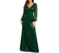 Ever-Pretty Abiti da Sera Donna Elegante Manica Lunga Slim Vita Alta Brillantini Tulle Vestito da Cerimonia Maxi Lungo Abita da Cocktail Verde Scuro 44