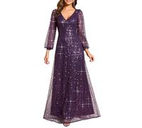 Ever-Pretty Abiti da Sera Donna Elegante Manica Lunga Slim Vita Alta Brillantini Tulle Vestito da Cerimonia Maxi Lungo Abita da Cocktail Viola Scuro 48