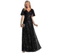 Ever-Pretty Abiti da Sera Lungo Donna Maniche a Volant Paillettes Scollo a V Linea A Stile Impero Vestito Scintillante da Ballo Nero 44