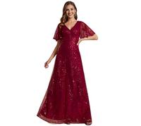 Ever-Pretty Abiti da Sera Lungo Donna Maniche a Volant Paillettes Scollo a V Linea A Stile Impero Vestito Scintillante da Ballo Borgogna 50