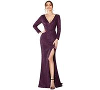 Ever-Pretty Abiti da Sera Scollo a V Sirena Manica Lunga Paillettes Elegante con Spacco Donna Viola Scuro 50