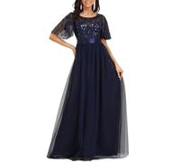 Ever-Pretty Abiti da Sera Stile Impero Maniche Corte Linea ad A Elegante Scollo a Rotondo Donna Tulle Blu Navy 50